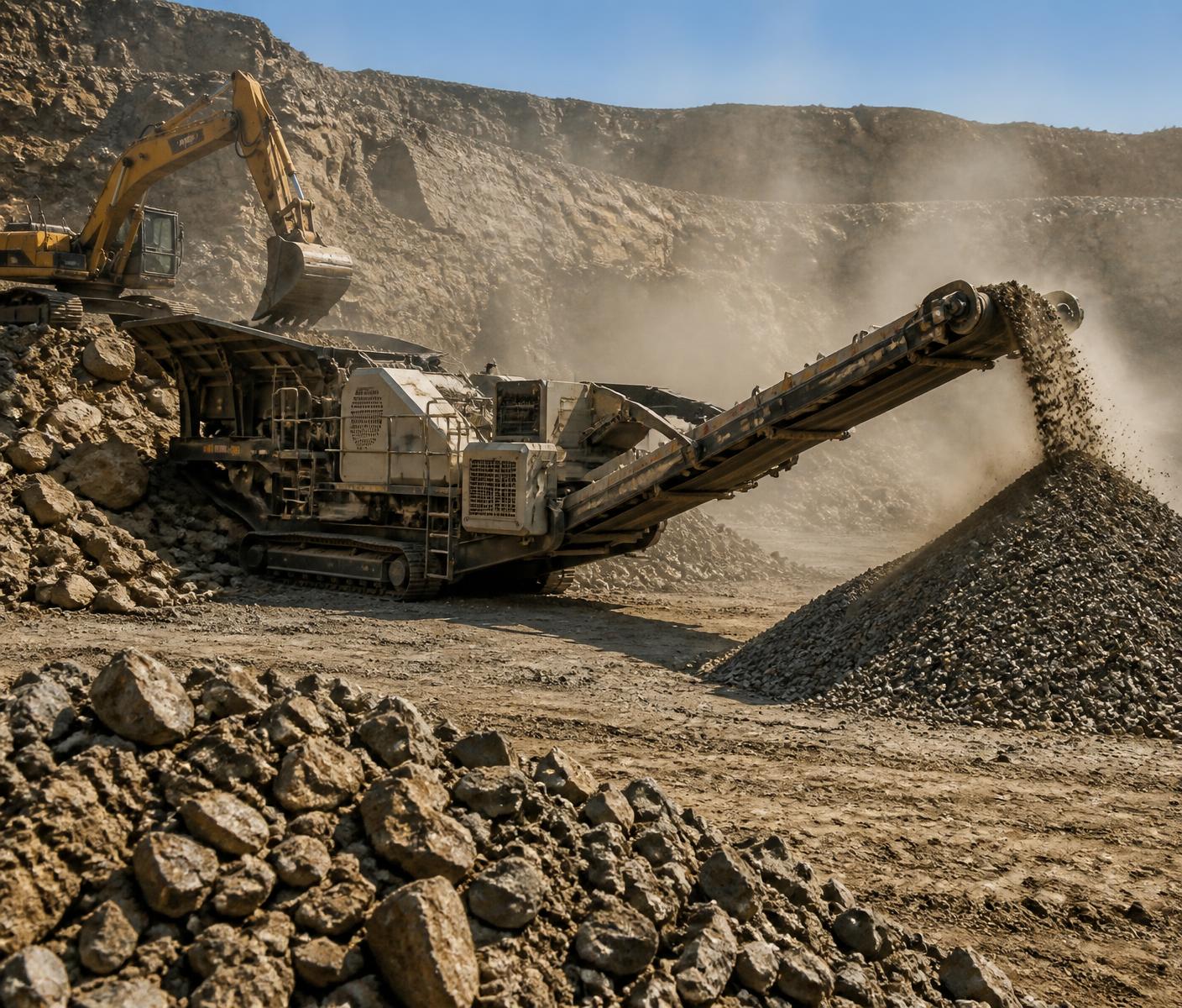 Crushing plant and excavator working at the Umvubu Crushers quarry